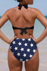Blue Stars and Stripes Patchwork Flag Pattern Bikini Swimsuit